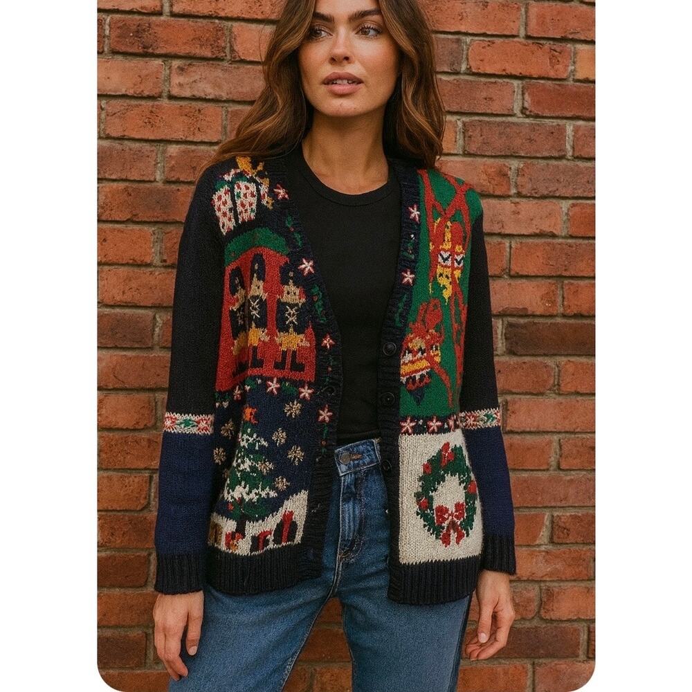 Vintage Hand Knit Style Ugly Christmas Grandma Holiday Christmas Cardigan Small